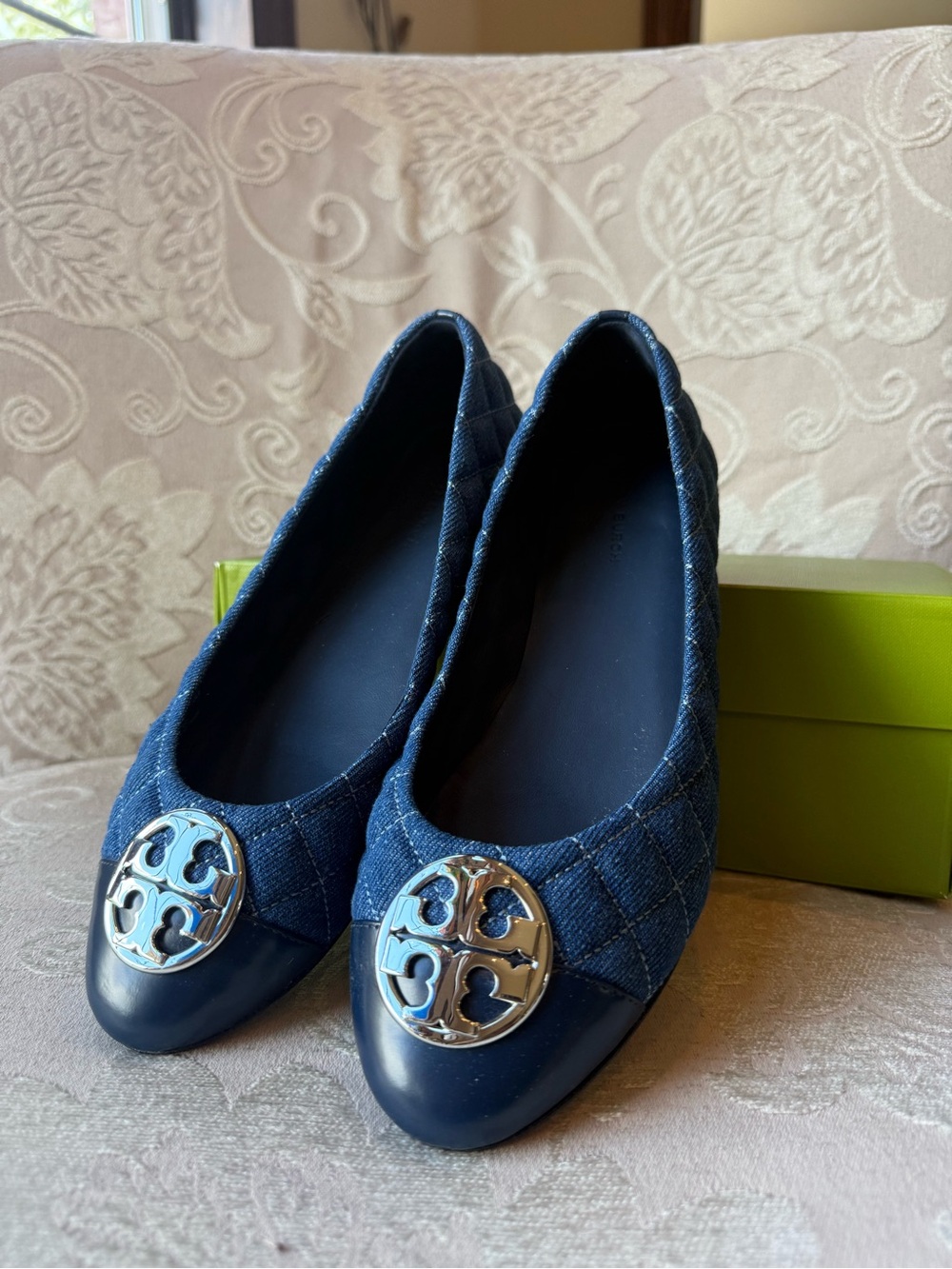 Tory Burch Navy Quilted Logo Ballet Flats